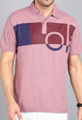 3BROS Typography Men Polo Neck Pink T-Shirt