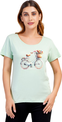 Romaisa Printed Women Round Neck Reversible Green T-Shirt