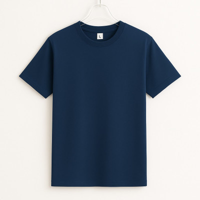Montequinto Solid Men Round Neck Navy Blue T-Shirt