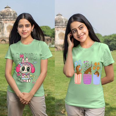 Parona Printed Women Round Neck Green T-Shirt