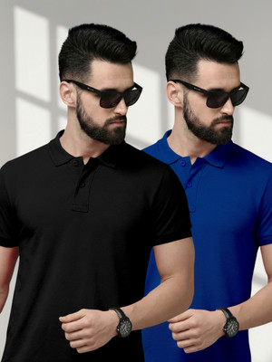METRONAUT Solid Men Polo Neck Black, Blue T-Shirt
