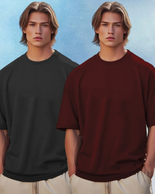 Bike Solid Men Round Neck Maroon, Grey T-Shirt