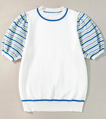 SAGASHA Solid, Striped Women Round Neck White, Multicolor T-Shirt