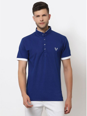 UZARUS Solid Men Mandarin Collar Blue T-Shirt