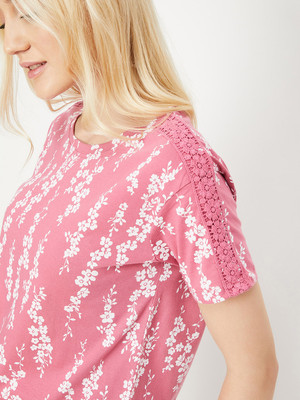 MAX Printed Women Round Neck Pink T-Shirt