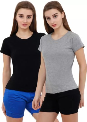 Bi Fashion Solid Women Round Neck Black, Pink T-Shirt