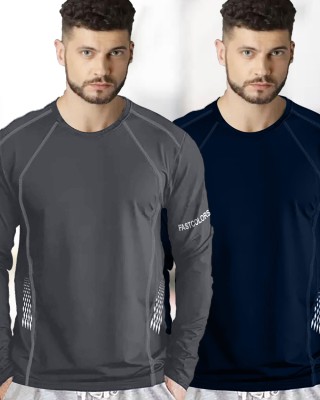 FastColors Solid Men Round Neck Navy Blue, Grey T-Shirt