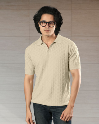 SaintArebian Self Design Men Polo Neck Beige T-Shirt