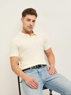 THE BEAR HOUSE Self Design Men Polo Neck White T-Shirt