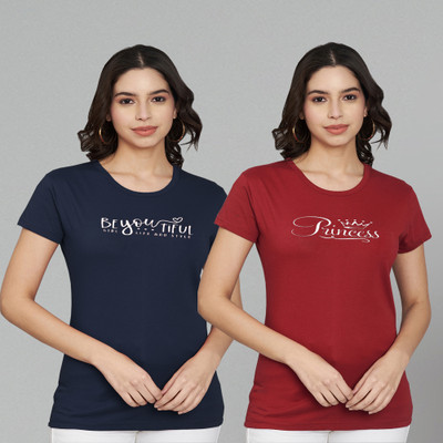 Trend Level Typography Women Round Neck Navy Blue, Maroon T-Shirt