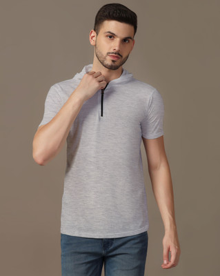 Lawful Casual Solid Men Hooded Neck Silver T-Shirt