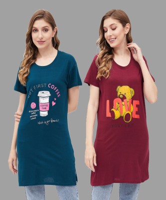 SYDNEY HILLS Printed Women Round Neck Dark Blue, Maroon T-Shirt