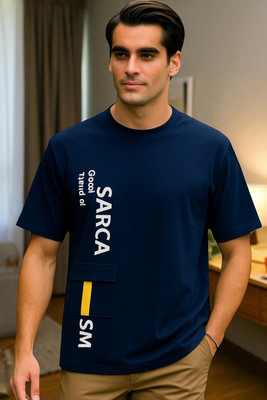 Autna Typography Men Round Neck Navy Blue T-Shirt