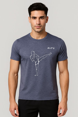 alyv Solid Men Round Neck Navy Blue T-Shirt