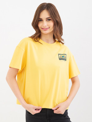 Spykar Printed Women Round Neck Yellow T-Shirt