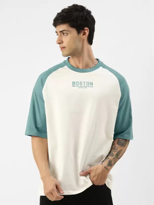 MANIAC Typography, Colorblock Men Round Neck White, Blue T-Shirt