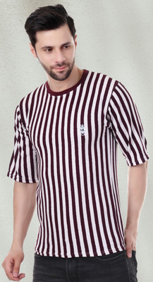 Marc Laurent Striped Men Round Neck Maroon, White T-Shirt