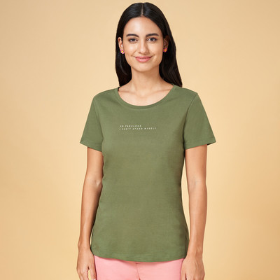 Honey By Pantaloons Typography Women Round Neck Green T-Shirt
