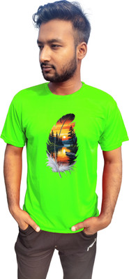 Indotri Creations Graphic Print, Self Design, Solid Men Round Neck Light Green T-Shirt