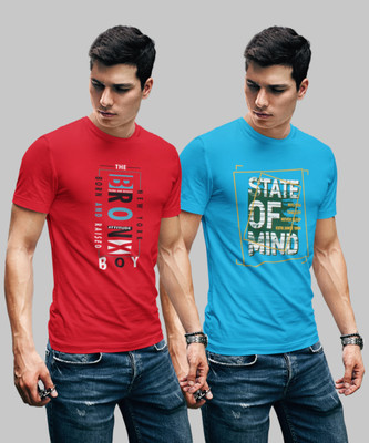 JILZ Printed Men Round Neck Light Blue, Red T-Shirt