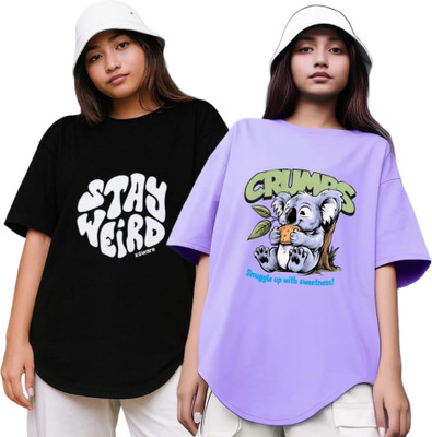 RS FASHION Printed Women Round Neck Black, Purple T-Shirt