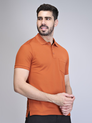 Ramraj Cotton Solid Men Polo Neck Orange T-Shirt