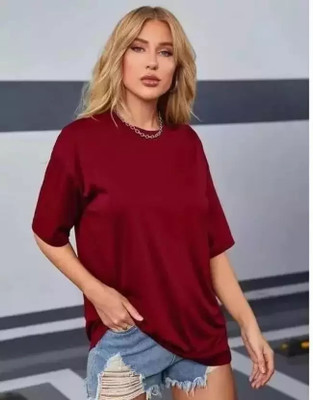 UNICONIC Solid Women Round Neck Maroon T-Shirt