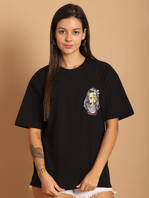 Roadster Printed Women Round Neck Black T-Shirt