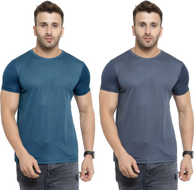 Think Tech Solid Men Round Neck Dark Blue, Grey T-Shirt