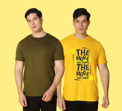 WOOSTRO Solid Men Round Neck Dark Green, Yellow T-Shirt