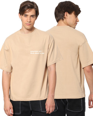 Besick Typography Men Round Neck Beige T-Shirt
