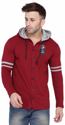 Money Leaf Solid Men Hooded Neck Maroon T-Shirt