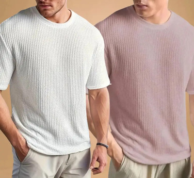 At Last Fashion Striped Men Round Neck White, Pink T-Shirt