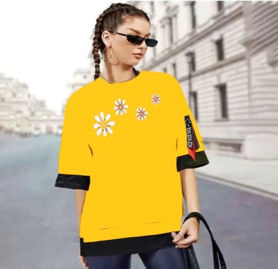 TARSHI Printed, Typography Women Round Neck Yellow T-Shirt
