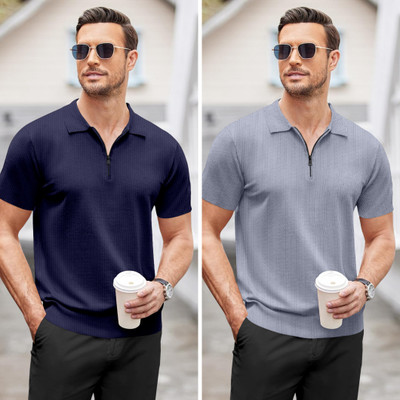 NTIFIC Solid Men Polo Neck Dark Blue, Grey T-Shirt