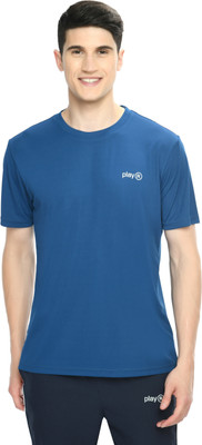 playR Solid Men Round Neck Blue T-Shirt