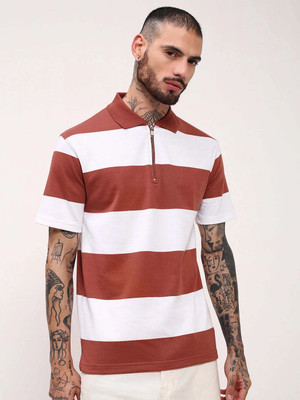 SHOWOFFFF Striped Men Polo Neck Brown, White T-Shirt