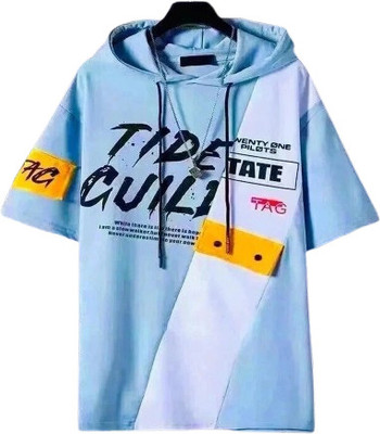CT Fashion Solid Men Hooded Neck Light Blue T-Shirt