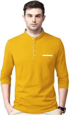 Tresna Trending Solid Men Mandarin Collar Yellow T-Shirt