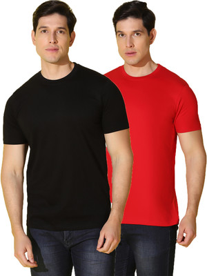 WOOSTRO Solid Men Round Neck Black, Red T-Shirt