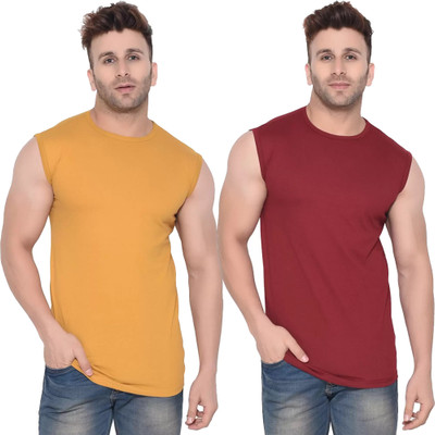 Moordale Fab Solid Men Crew Neck Yellow, Maroon T-Shirt