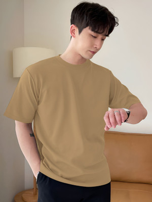 FUNKARI Solid Men Round Neck Beige T-Shirt