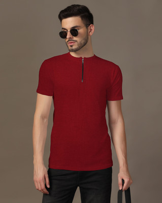 GEUM Solid Men Henley Neck Maroon T-Shirt