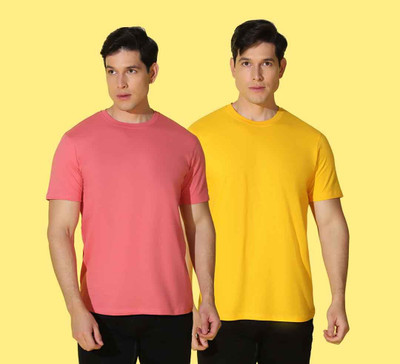 WOOSTRO Solid Men Round Neck Pink, Yellow T-Shirt