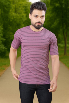 METRONAUT Striped Men Round Neck Purple T-Shirt