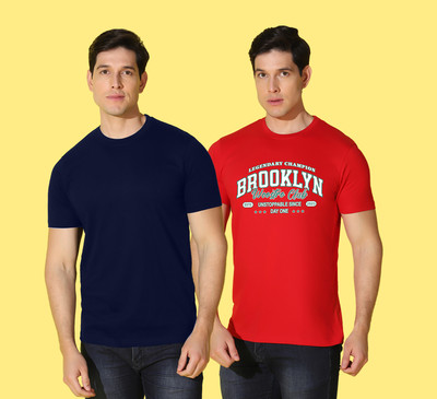 WOOSTRO Solid, Typography Men Round Neck Blue, Red T-Shirt