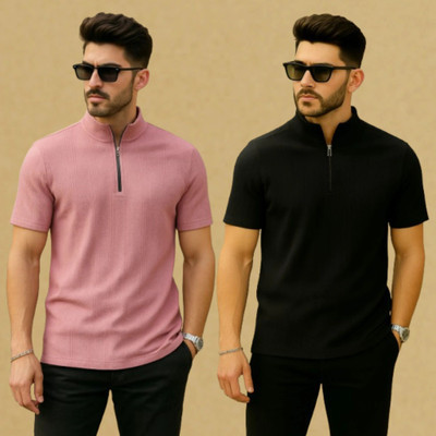 ALPHALEGS Self Design Men Zip Neck Pink, Black T-Shirt