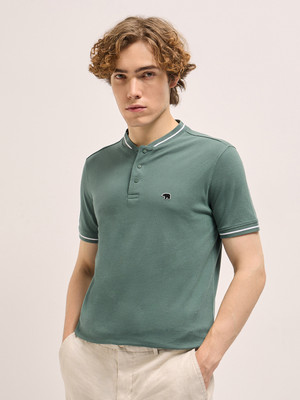 THE BEAR HOUSE Solid Men Mandarin Collar Green T-Shirt