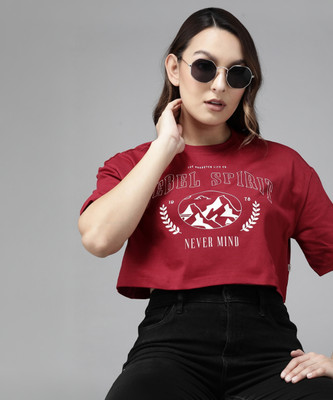 Roadster Printed, Typography Women Round Neck Maroon T-Shirt