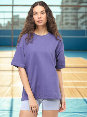 NOBERO Solid Women Round Neck Purple T-Shirt